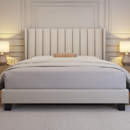 Beige Upholstered Queen Bed Frame with Wing Design