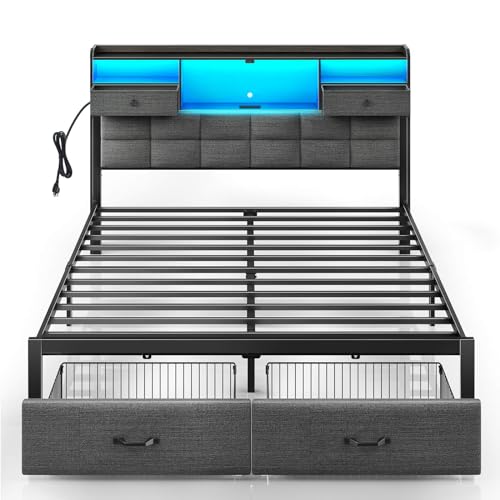 Full Size Upholstered Bed Frame with Storage & LED