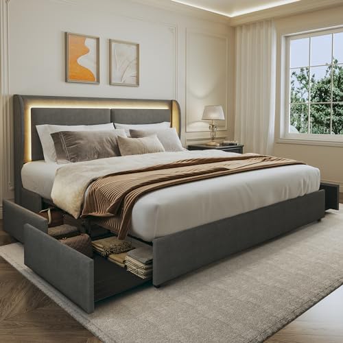 LED King Size Bed Frame with Storage & Headboard