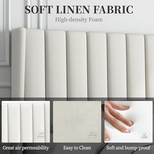 Beige Upholstered Queen Bed Frame with Wing Design