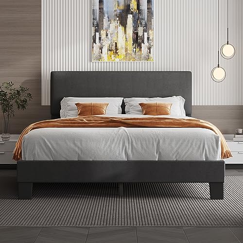Lifezone Queen Linen Upholstered Bed Frame - Dark Grey