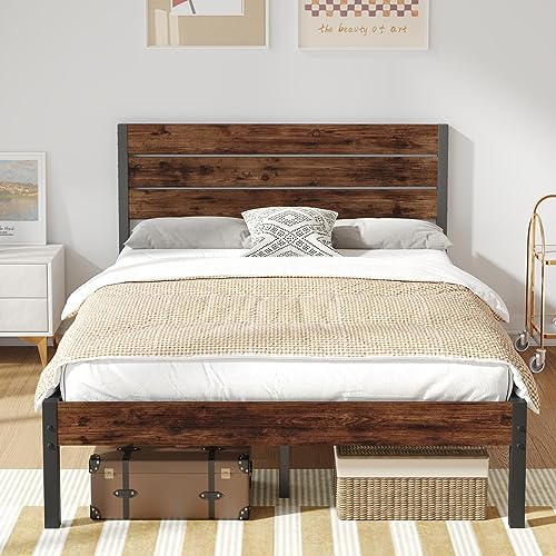 Rustic Brown Full Metal Bed Frame with Storage