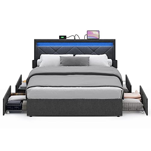 Queen Size LED Bed Frame with 4 Drawers