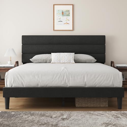 Upholstered Grey Queen Bed Frame with Headboard