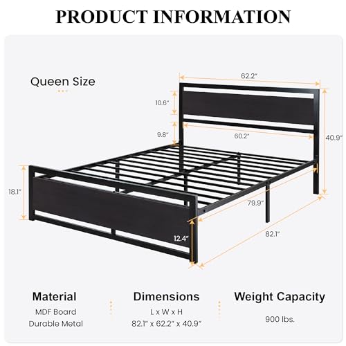Modern Queen Bed Frame with Wooden Headboard