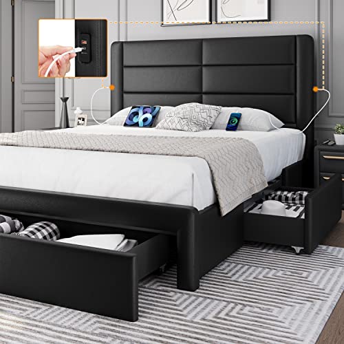 Queen Bed Frame with USB Ports and Storage Drawers