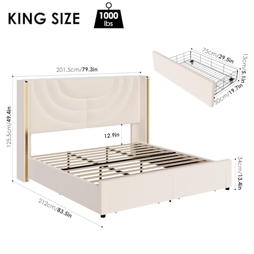 HITHOS King Velvet LED Bed Frame with Storage