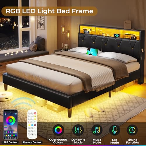 Full Size LED Bed Frame with Charging Station