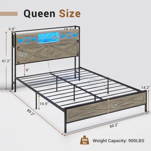 Rustic Queen Bed Frame with LED Lights and Storage