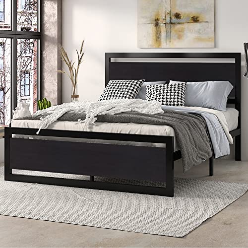 Modern Queen Bed Frame with Wooden Headboard