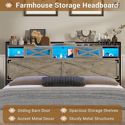 Rustic Queen Bed Frame with LED Lights and Storage