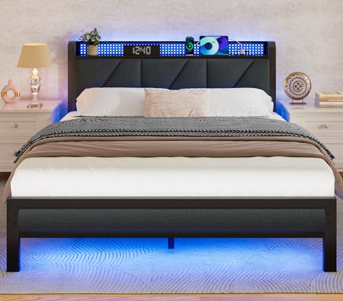 Furnulem Queen Bed Frame with LED Lights & USB