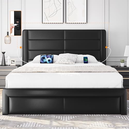 Queen Bed Frame with USB Ports and Storage Drawers