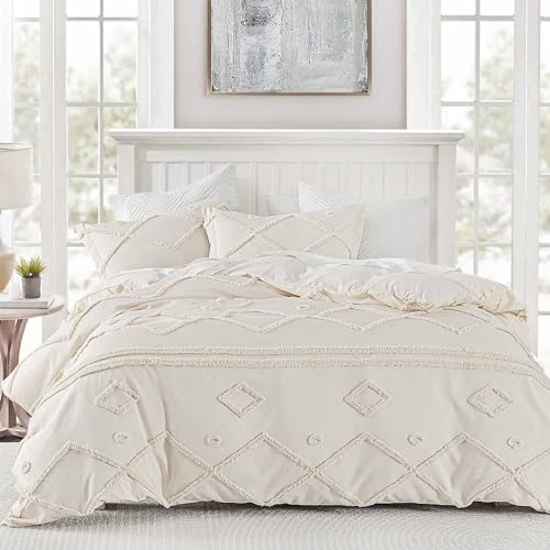 Beige Tufted Chenille Queen Duvet Cover Set