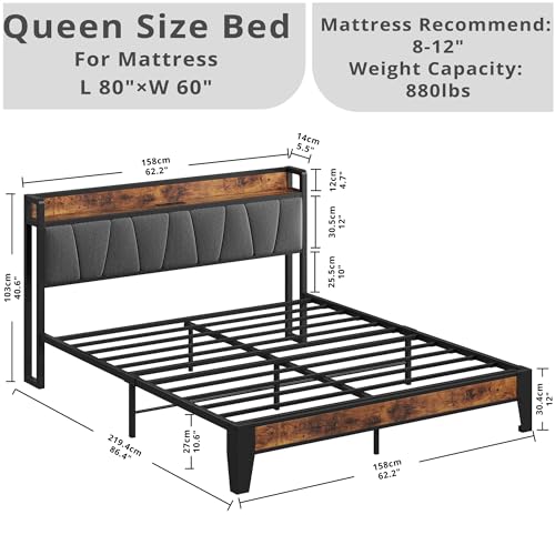Queen Bed Frame with Storage Headboard and Charger