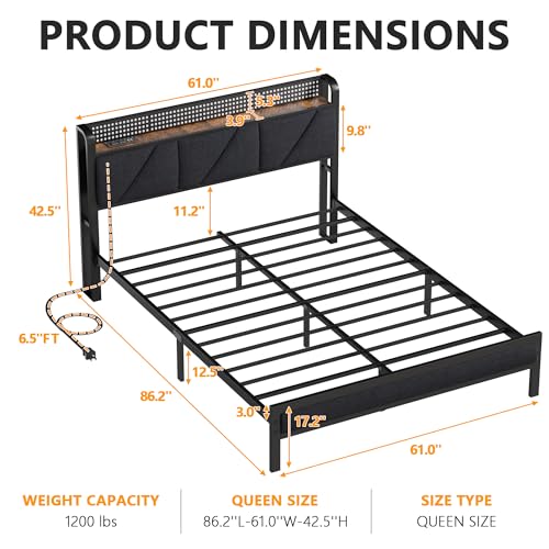 Furnulem Queen Bed Frame with LED Lights & USB