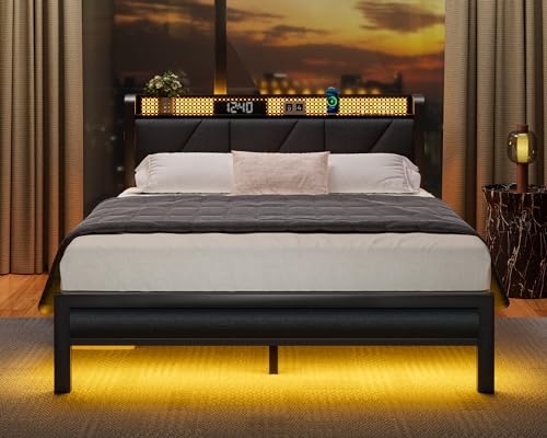 Furnulem Queen Bed Frame with LED Lights & USB