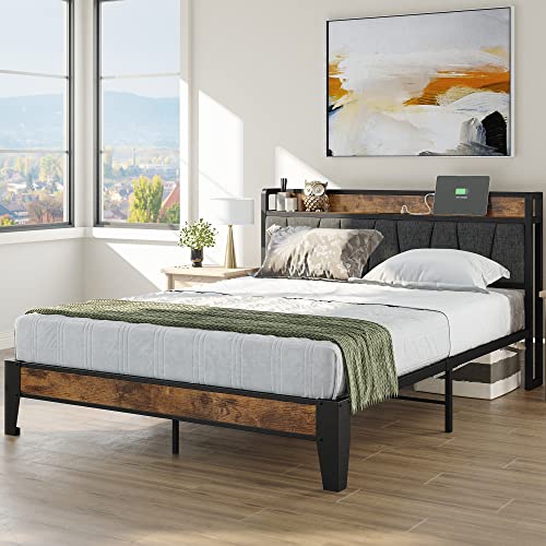 Queen Bed Frame with Storage Headboard and Charger