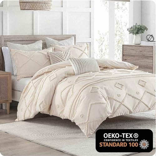 Beige Tufted Chenille Queen Duvet Cover Set