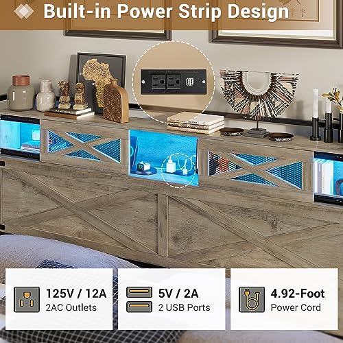 Rustic Queen Bed Frame with LED Lights and Storage