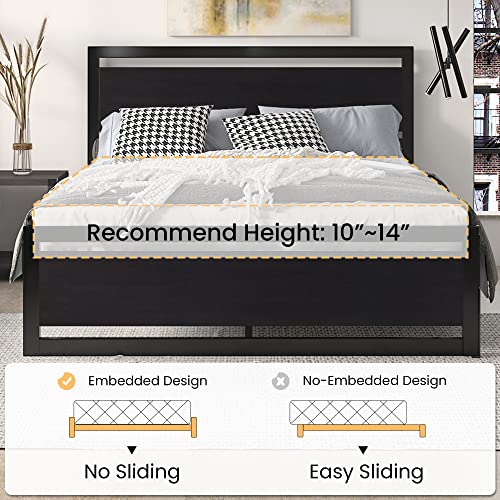 Modern Queen Bed Frame with Wooden Headboard