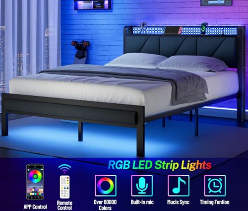 Furnulem Queen Bed Frame with LED Lights & USB