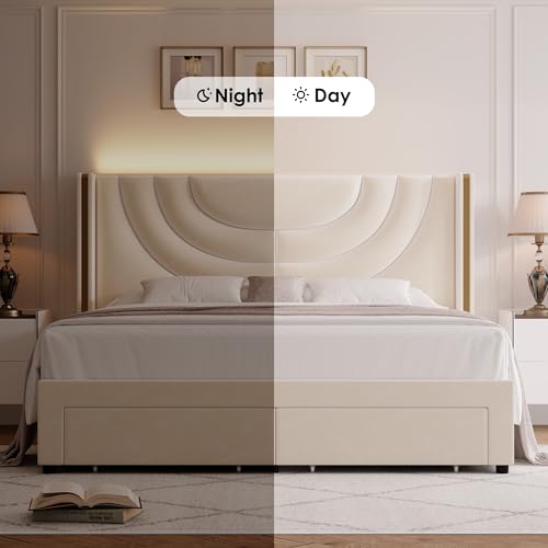 HITHOS King Velvet LED Bed Frame with Storage
