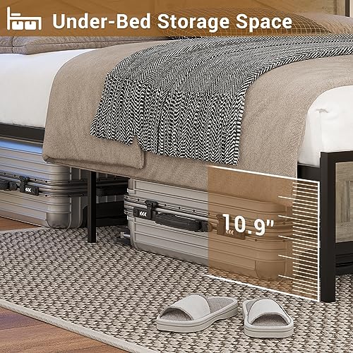 Rustic Queen Bed Frame with LED Lights and Storage