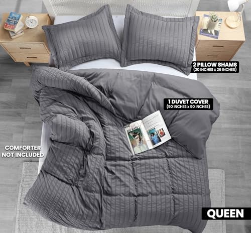 Queen Seersucker Duvet Cover Set with Pillow Shams