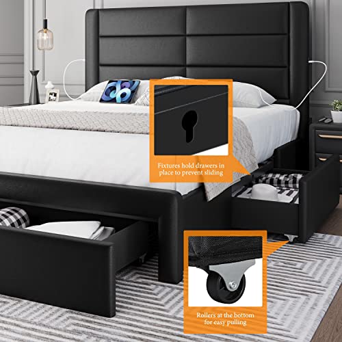 Queen Bed Frame with USB Ports and Storage Drawers