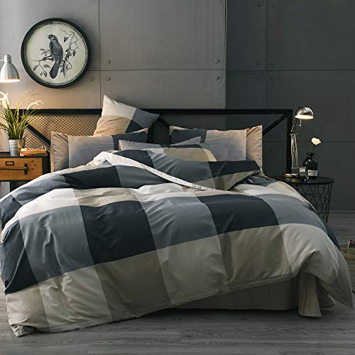 Reversible Cotton Grid Plaid Queen Duvet Set
