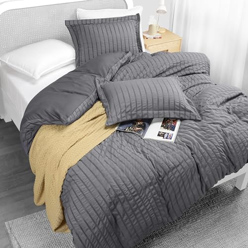 Queen Seersucker Duvet Cover Set with Pillow Shams