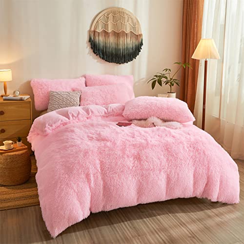 Pink Faux Fur Queen Comforter Cover Set