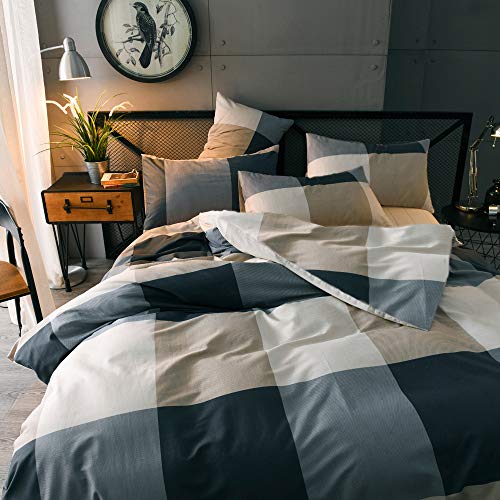 Reversible Cotton Grid Plaid Queen Duvet Set