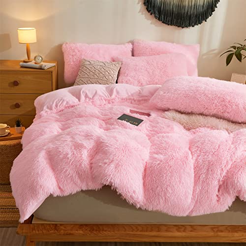 Pink Faux Fur Queen Comforter Cover Set