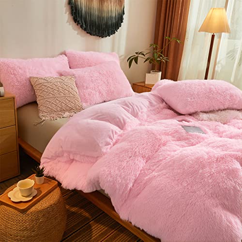 Pink Faux Fur Queen Comforter Cover Set