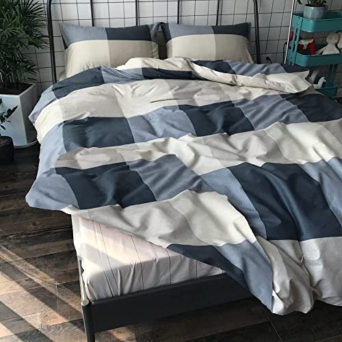Reversible Cotton Grid Plaid Queen Duvet Set