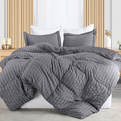 Queen Seersucker Duvet Cover Set with Pillow Shams