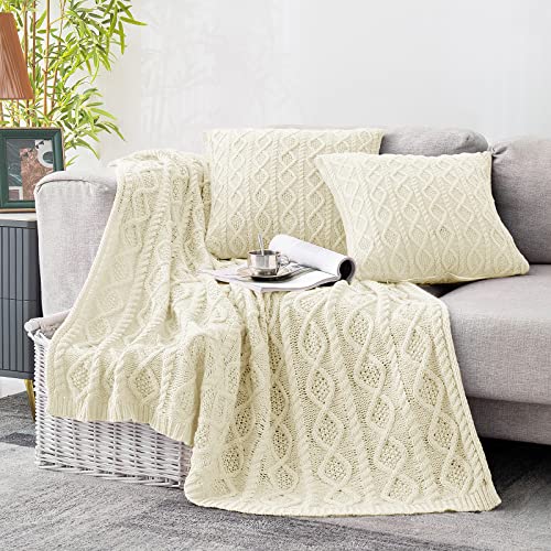 Cream White Cable Knit Throw Blanket and Pillow Set
