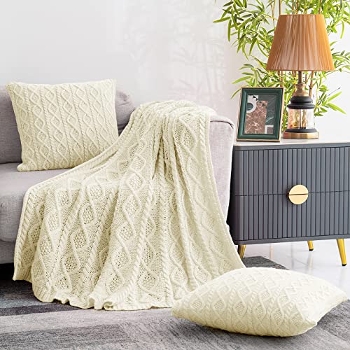 Cream White Cable Knit Throw Blanket and Pillow Set