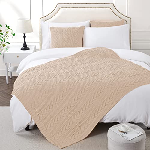 Khaki Knitted Throw Blanket Set with Pillow Covers