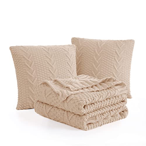 Khaki Knitted Throw Blanket Set with Pillow Covers