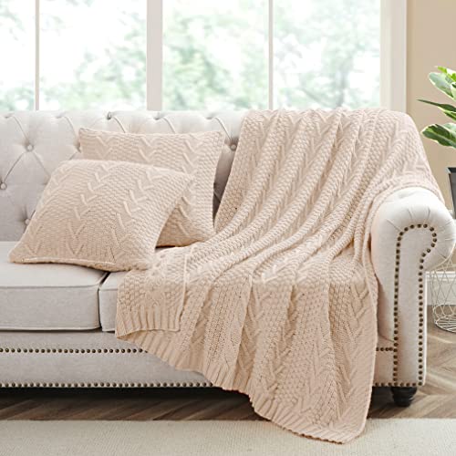 Khaki Knitted Throw Blanket Set with Pillow Covers
