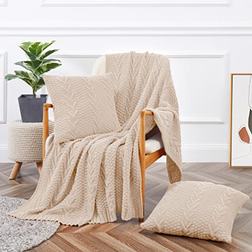 Khaki Knitted Throw Blanket Set with Pillow Covers