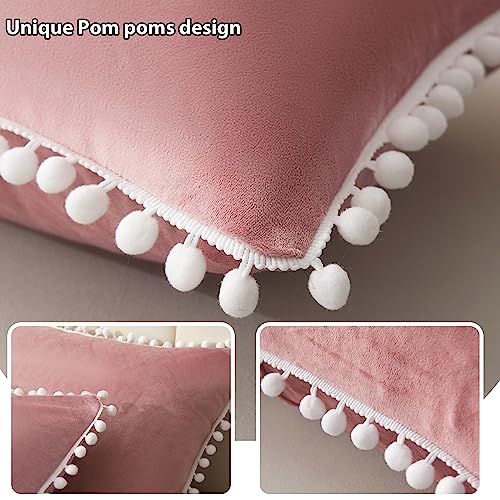 Luxury Velvet Pillowcases Set with Pompoms - Pink
