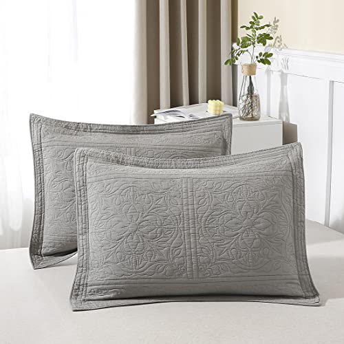 Floral Printed Grey Cotton Quilted Pillow Sham