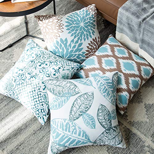 Geometric Blue and Coffee Leaf Pillow Covers - Set of 4