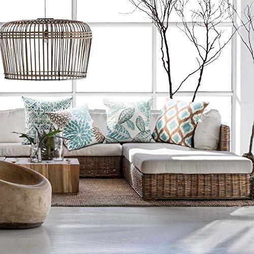 Geometric Blue and Coffee Leaf Pillow Covers - Set of 4