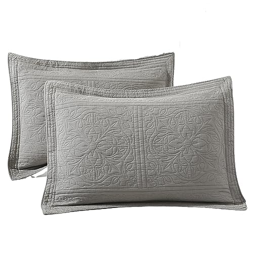 Cotton Grey Floral Quilted Pillow Shams Set