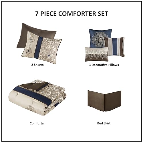 Luxurious Navy Jacquard Cal King Bed Set